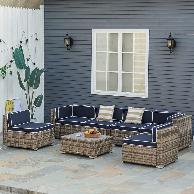 Outsunny 7 Piece Patio Furniture Set, Wicker Outdoor Sectional Sofa Set - Image 2