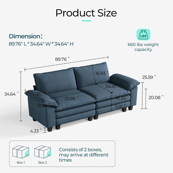 LINSY HOME 90'' Cloud Loveseat Sofa, Modular Sectional Couches Corduroy Cloud - Image 2