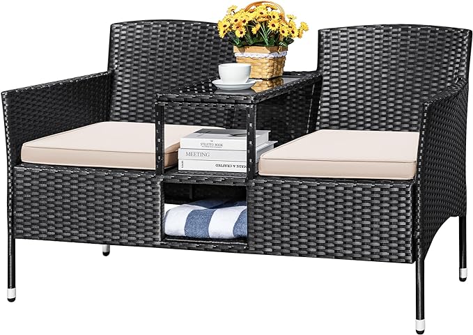Devoko Outdoor Patio Loveseat Modern Rattan 2-Seat Patio Conversation Set by DEVOKO