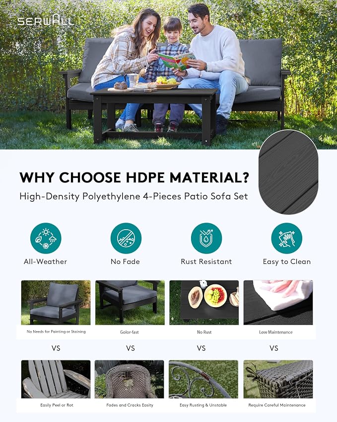 SERWALL HDPE Patio Sofa Set, 4-piece Sectional Outdoor Furniture Set, All - Image 3