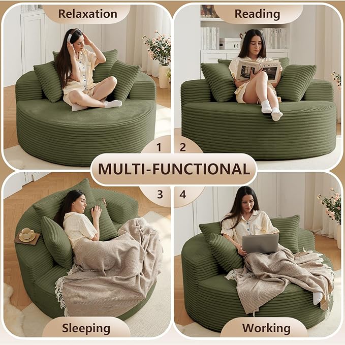 Oversized Round Chair Lounge Chaise Indoor, Upholstered Corduroy Deep Seat - Image 4