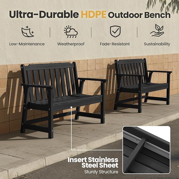 Ciokea 49" Heavy Duty Outdoor Bench Set of 2, HDPE Weatherproof Garden Bench - Image 3