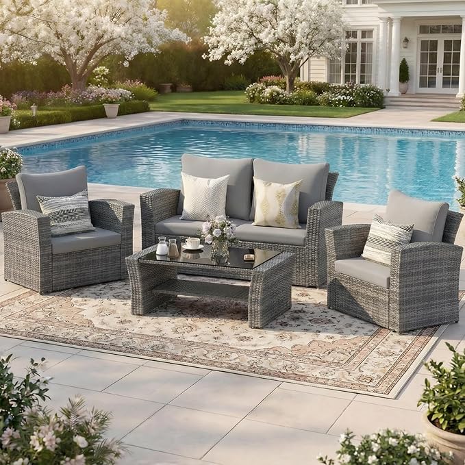 Wisteria Lane 4 Piece Patio Furniture Set, Wicker Outdoor Patio Conversation - Image 2