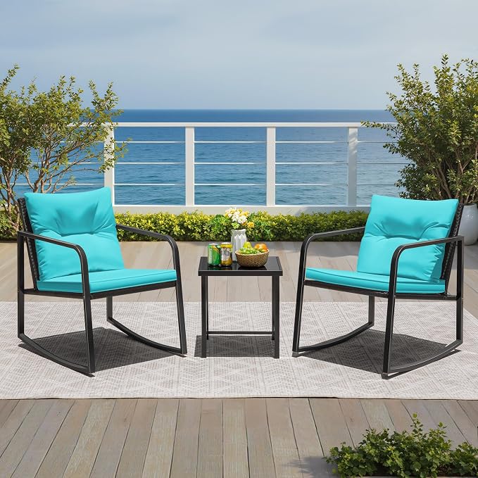 Greesum 3 Pieces Rocking Wicker Bistro Set, Patio Outdoor Furniture - Image 3