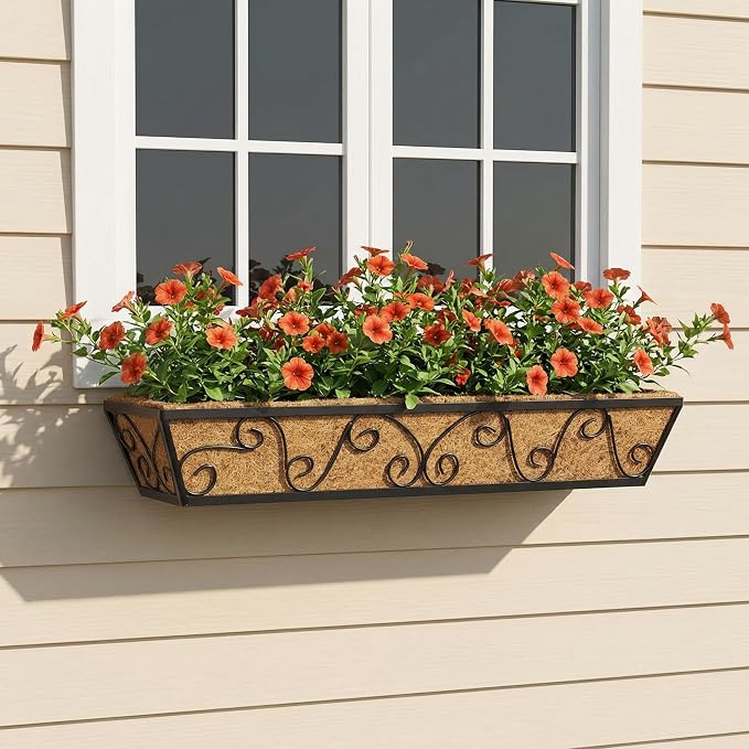 Y&M 30 Inch Window Deck with Coco Liner, Fence Metal Hanging Flower Planter - Image 6