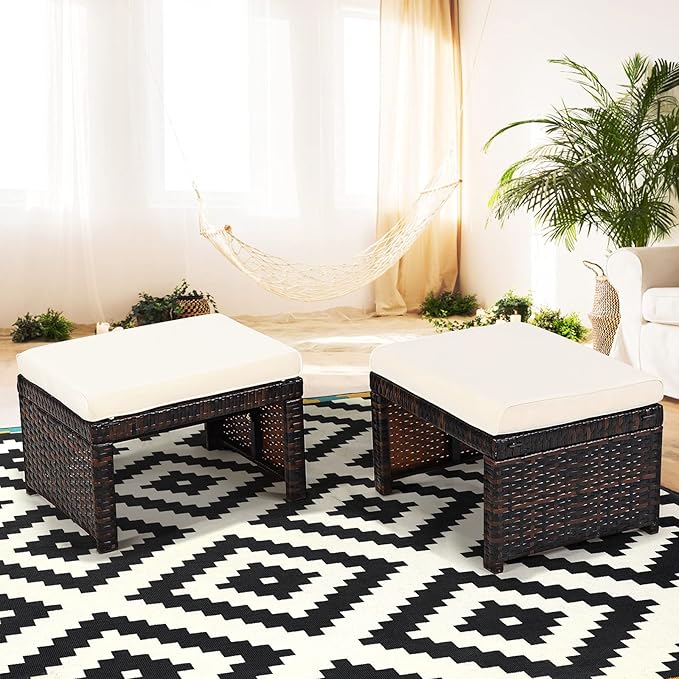 Tangkula 2 Pieces Patio Rattan Ottomans, All Weather Outdoor Footstool Footrest - Image 3