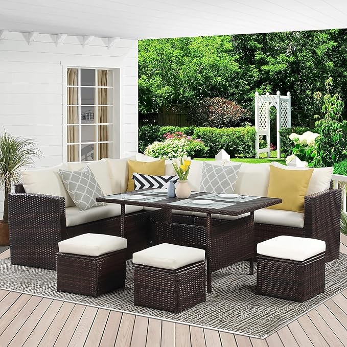 Wisteria Lane Patio Furniture Set, 7 Piece Outdoor Dining Sectional Sofa by WisteriaLane