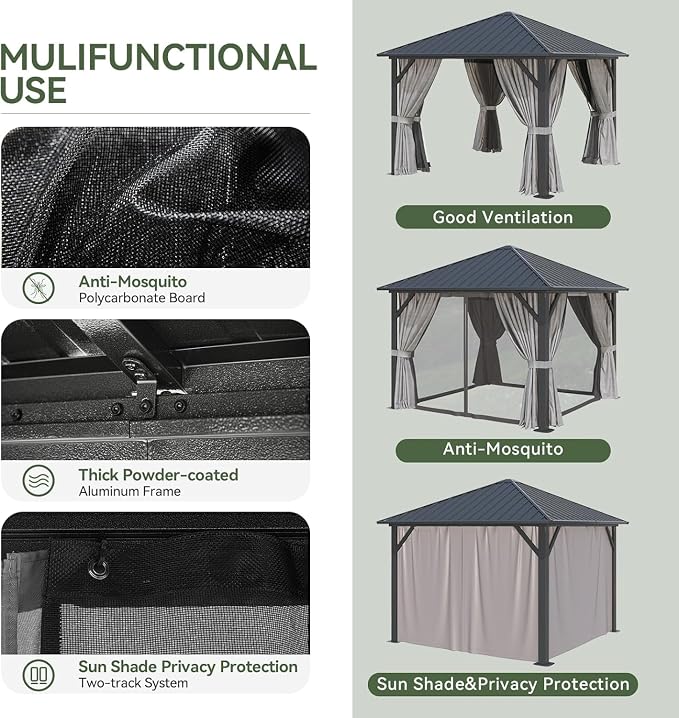 Aoxun Hardtop Gazebo 10x10, Aluminum Frame Canopy - Image 7