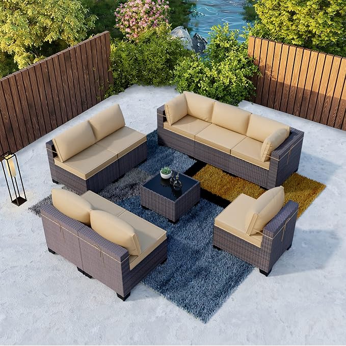 Kullavik 9 Pieces Outdoor Patio Furniture Set, Outdoor Sectional Rattan Sofa - Image 8