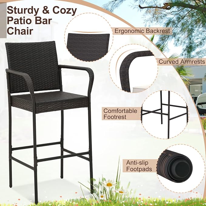 COSTWAY Wicker Bar Stools Set of 4, Patio Bar Height Chairs - Image 5