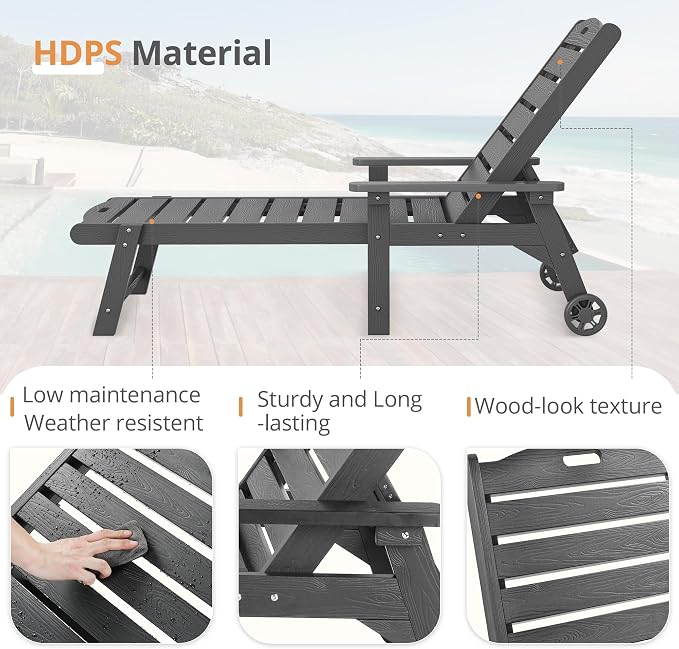 LUE BONA Outdoor Chaise Lounge, HDPS Chaise Lounger, 5 Positions Adjustable - Image 7