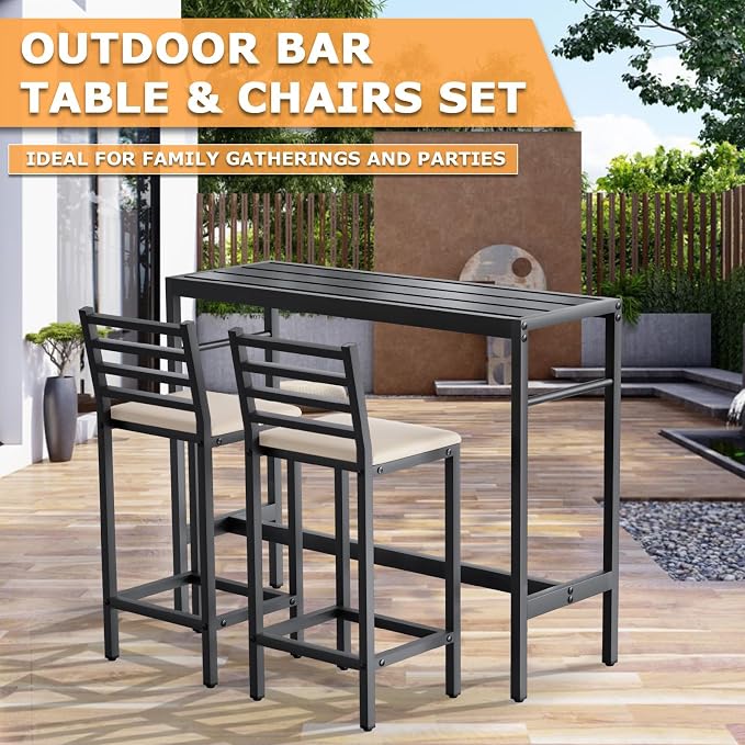 Outdoor Patio Bar Set 3 Piece, 2 Cushioned 41" Bar Stools, Metal Bar Table and - Image 3
