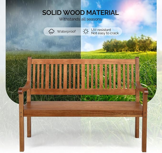 VINGLI 50" Outdoor Wood Bench, Weatehr Resistant Wooden Garden Patio Bench - Image 5