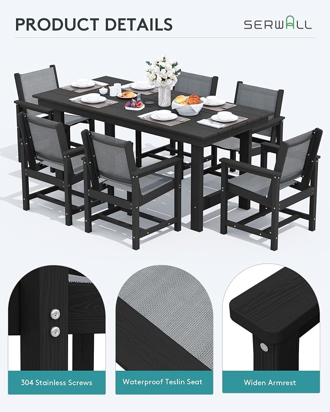 SERWALL Patio Dining Sets for 6, Outdoor HDPE Dining Set - Image 5