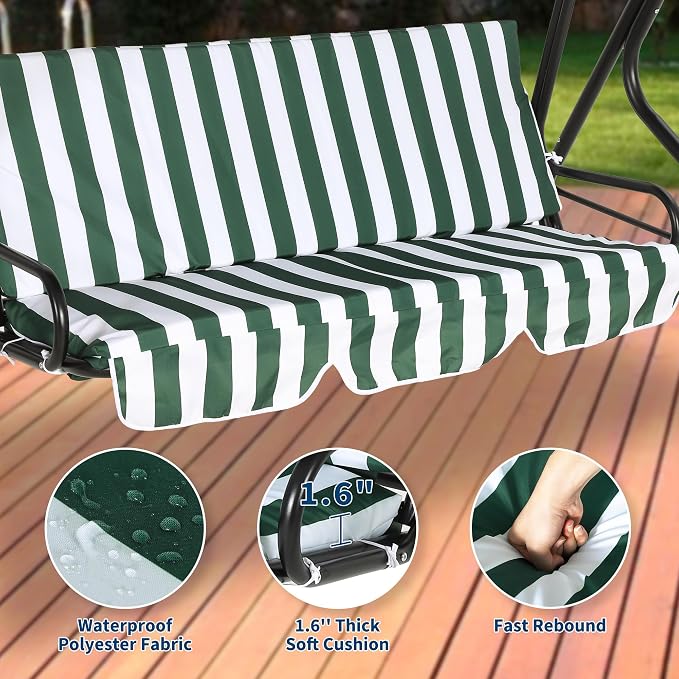 Outdoor Porch Swing Chair with Adjustable Canopy & Striped Seat Cushion - Image 5