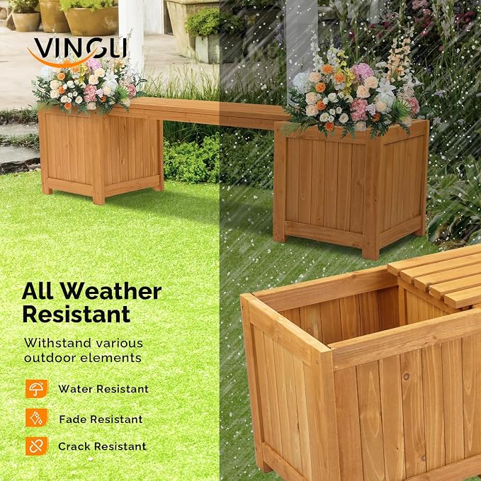 VINGLI Outdoor Wood Bench with Planter Boxes, 2-in-1 All-Weather Porch Bench - Image 5