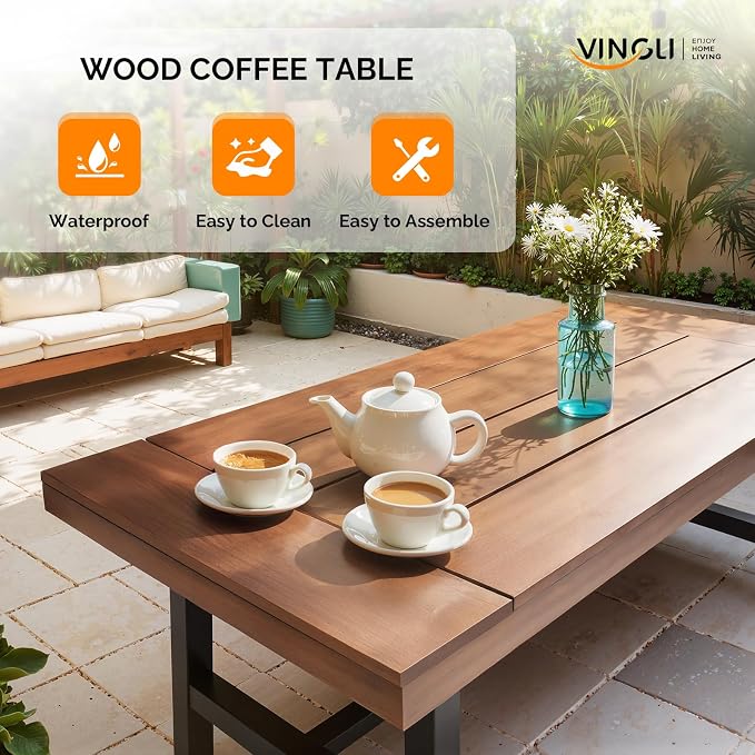 VINGLI Outdoor Wooden Coffee Table, Metal Frame Heavy Duty Patio Coffee Table - Image 5