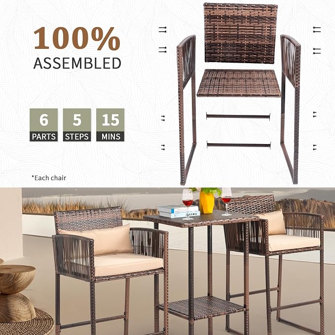 VINGLI 3 PCS Patio Bar Set Wicker, Outdoor Bar Table and Bar Stools - Image 3