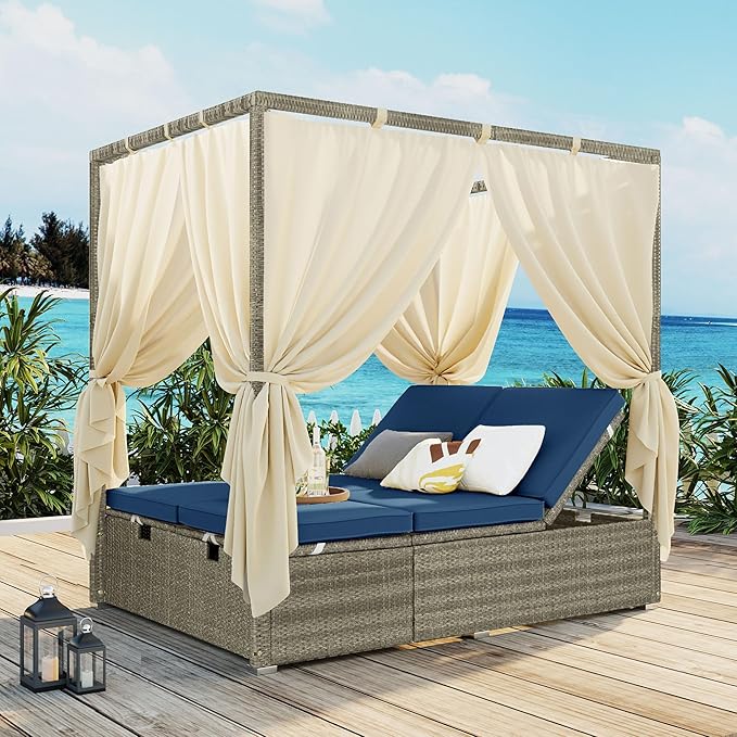 Patio Chaise Lounge, PE Rattan Outdoor Patio Wicker Adjustable Outdoor Sun Bed by HarperBrightDesigns