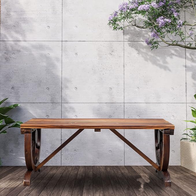 VINGLI Rustic Wooden Wheel Bench Outdoor Bench, Patio Bench Wagon Slatted Seat - Image 7