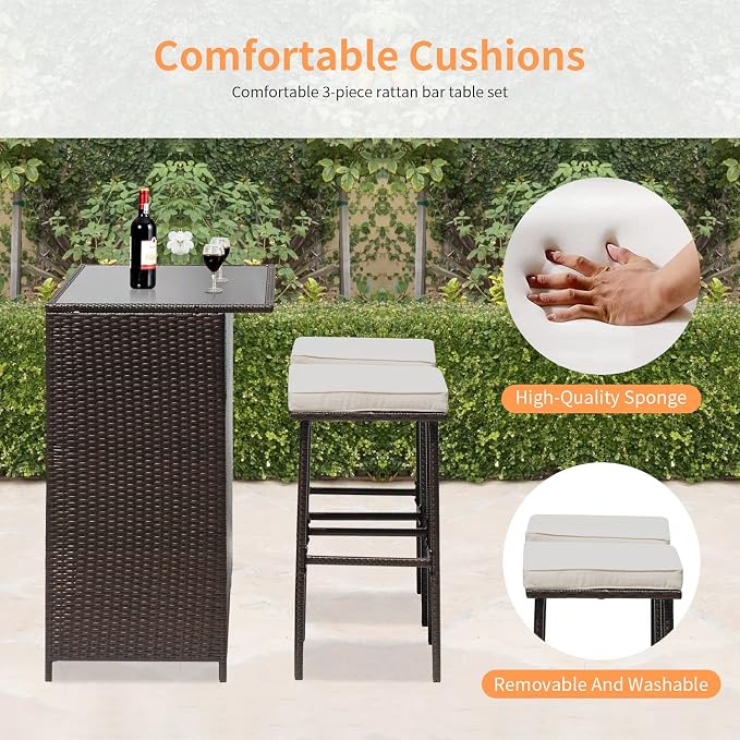 Wicker Patio Furniture 3 Piece Patio Bar Table Set Chairs Wicker Outdoor Rattan - Image 3