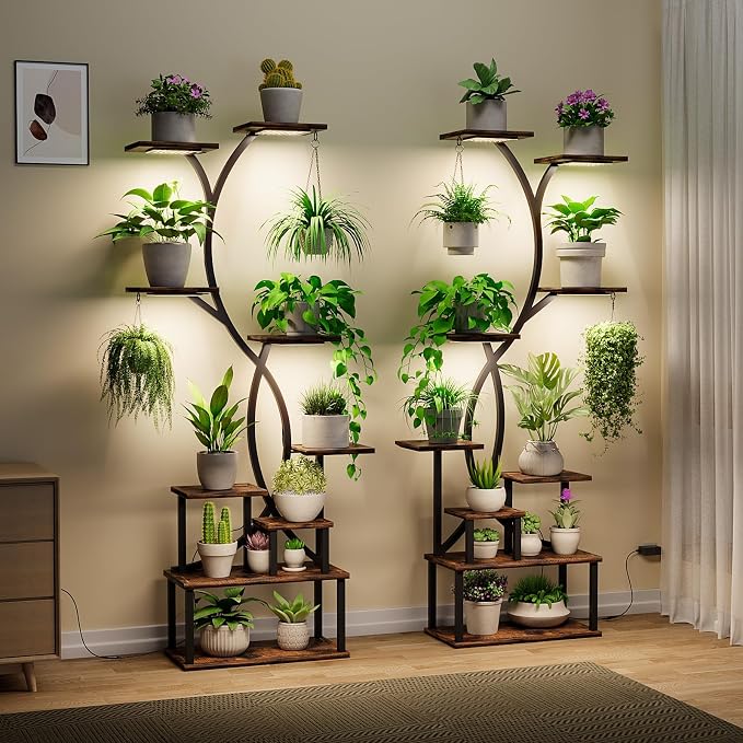 Plant Stand Indoor with Grow Lights 9 Tiered Wood Plant Shelf 62" Tall Plant by Elaruslux