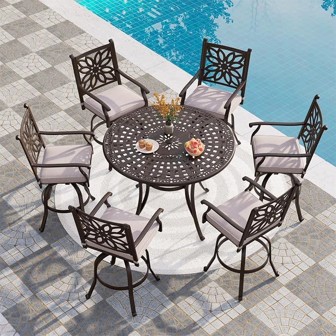PHI VILLA 7 PCS High Bar Patio Dining Set, Cast Aluminum Outdoor Bar Set - Image 7