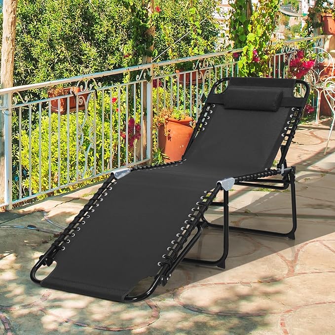 GYMAX Lounge Chairs for Outside, Extra High Folding Beach Tanning Lounger - Image 2