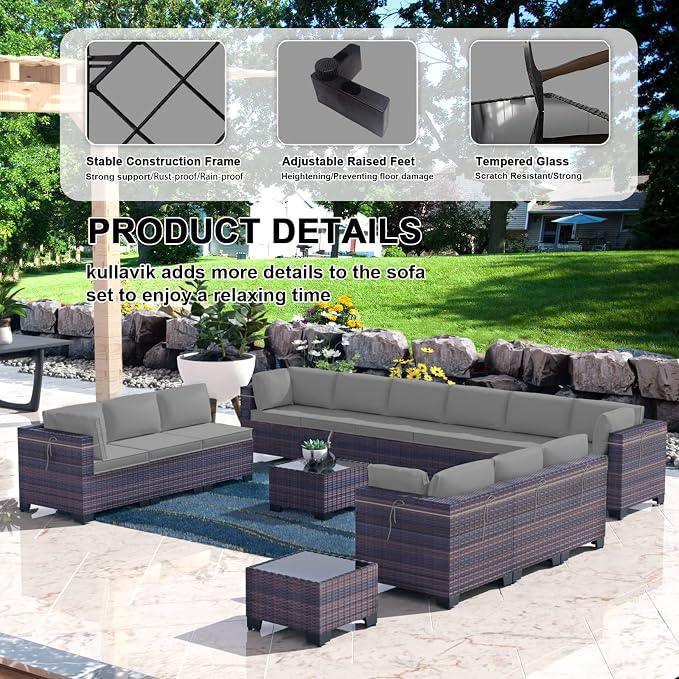 Kullavik 14 Pieces Outdoor Patio Furniture Set, Sectional Rattan Sofa Set Brown - Image 4