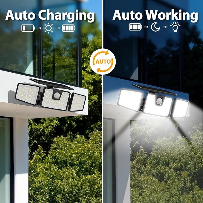INCX Solar Motion Sensor Lights Outdoor, 3 Heads Security Lights Solar Powered - Image 6