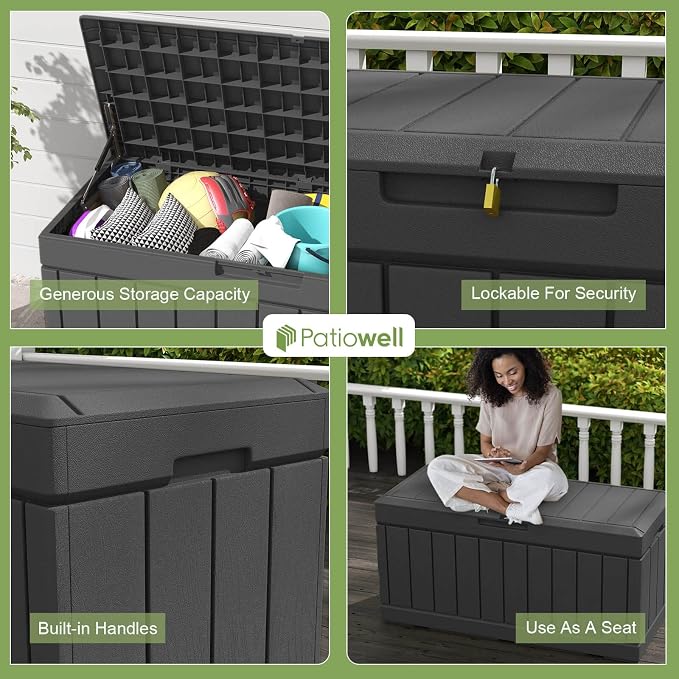 Patiowell 82 Gallon Resin Deck Box, Waterproof Large Wood Look Storage Box - Image 4