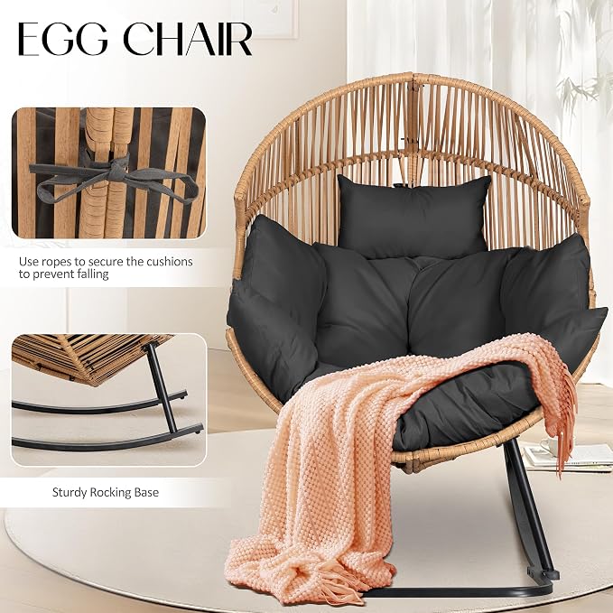 JAMFLY Egg Chair Outdoor Rocking Chairs, Wicker Patio Chair Oversized Lounger - Image 4