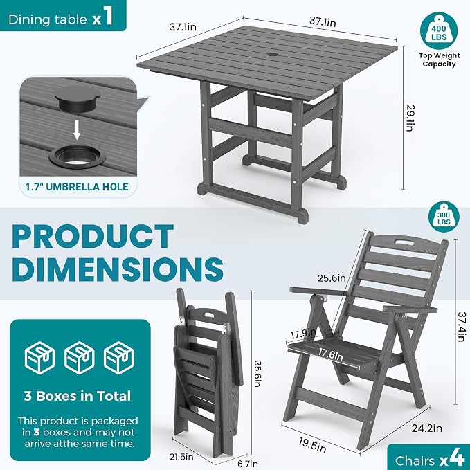 5-Piece Outdoor Dining Set, No-Assembly Foldable Chairs, All-Weather HDPE - Image 6
