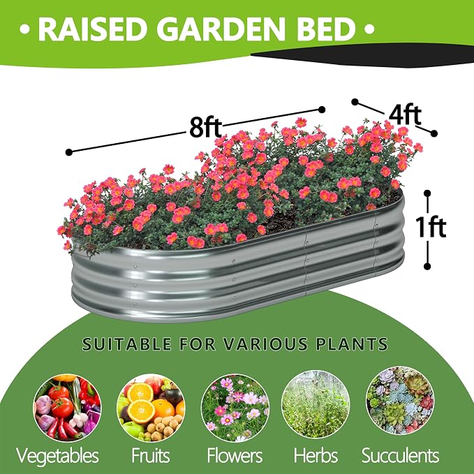 8x4x1ft Galvanized Oval Raised Garden Bed, Outdoor Planter Box Metal Patio Kit - Image 2
