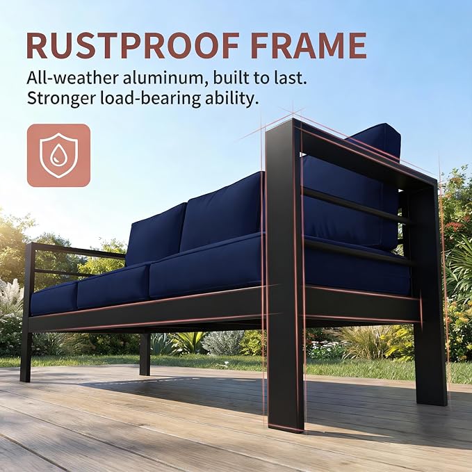 Kiss the Water Outdoor Couch Aluminum Patio Furniture Sofa, 3 Seat All-Weather - Image 3