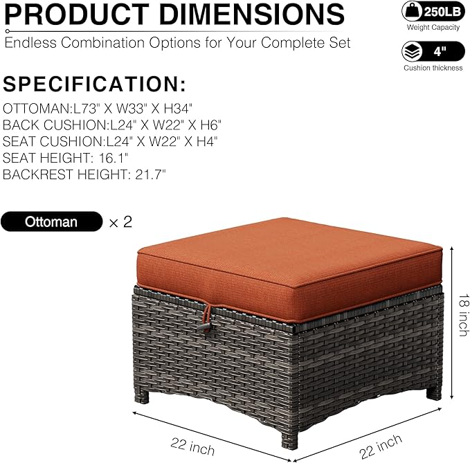 Joyside Outdoor Ottoman Set of 2, Patio Large Ottoman Foot Rest - Image 3