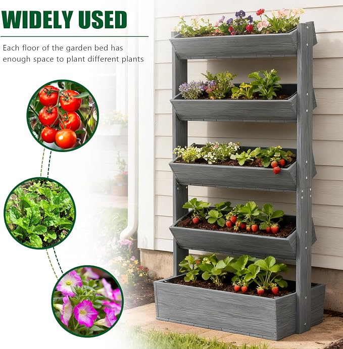SUNYRISY 5 Tiers Vertical Raised Garden Bed Outdoor Planter Tower, Wooden - Image 5