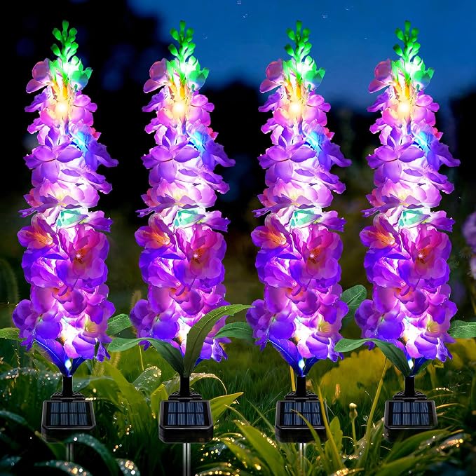 Solar Garden Lights, Solar Purple Delphinium Flowers Lights 4 Pack 80 LEDs by MRHEPHAESTUS
