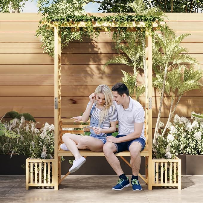 Giantex Outdoor Bench with Garden Arbor & 2 Planter Boxes, Wooden Trellis - Image 4