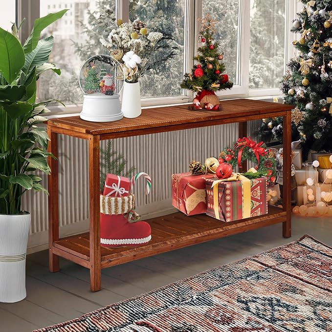 VINGLI 49in Solid Wood Outdoor Console Table, 2-Shelf Wooden Outdoor Accent - Image 7