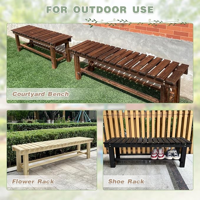 Outdoor Garden Bench, 3-Person Wood Patio Bench Weatherproof Outdoor Backless - Image 6