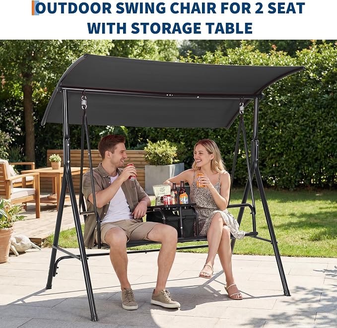2-Person Porch Swing with Cup Holders, Pivot Storage Table & Cooler Bag - Image 7