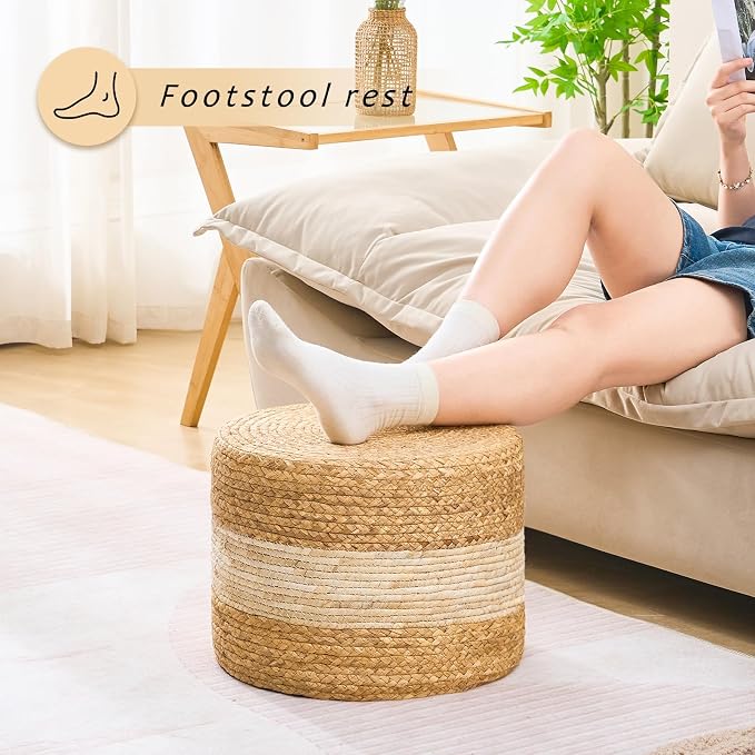 Handwoven Water Hyacinth Ottoman Pouf, Round Outdoor Footstool - Image 2