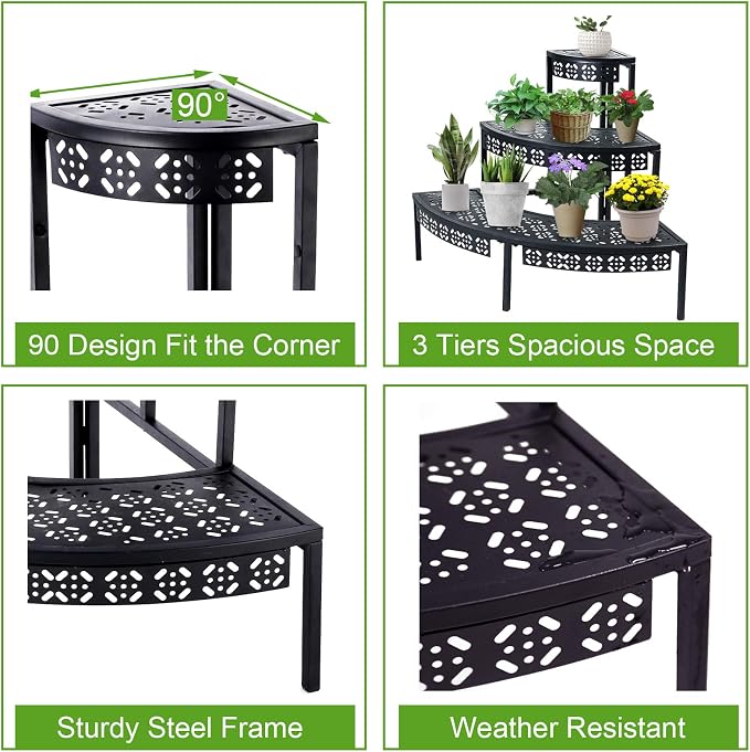 aboxoo 3 Tier Plant Stand Flower Pot Rack, Metal Stair-Step Style Corner Shelf - Image 4