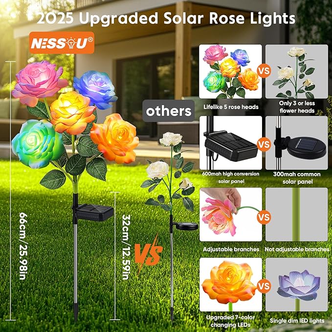 Solar Rose Lights Outdoor: 4 Pack IP65 Waterproof 7-Color Changing LED Flower - Image 5