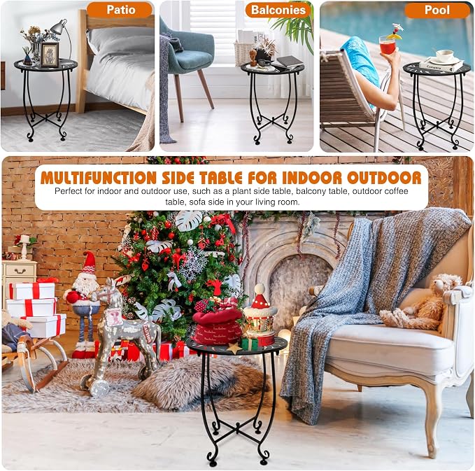 Outdoor Side Table for Small Spaces, 2 Pack 14 Inch Round Metal End Table for - Image 6