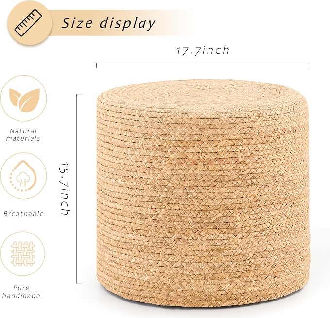 Handwoven Ottoman Pouf, Natural Water Hyacinth Footstool, Round Braided Outdoor - Image 3