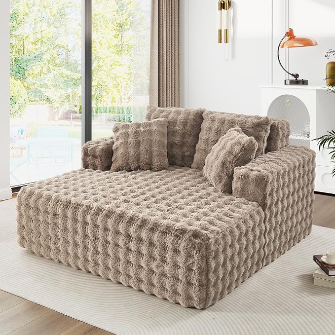 56" W Oversized Chaise Lounge Chair Indoor, Plush Faux Fur Sleeper Couch Sofa by JEEOHEY