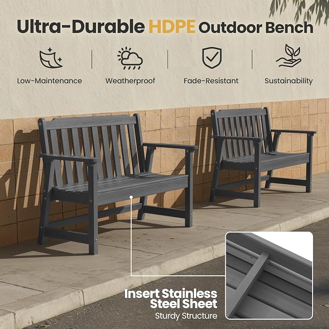 Ciokea 49" Heavy Duty Outdoor Bench Set of 2, HDPE Weatherproof Garden Bench - Image 3