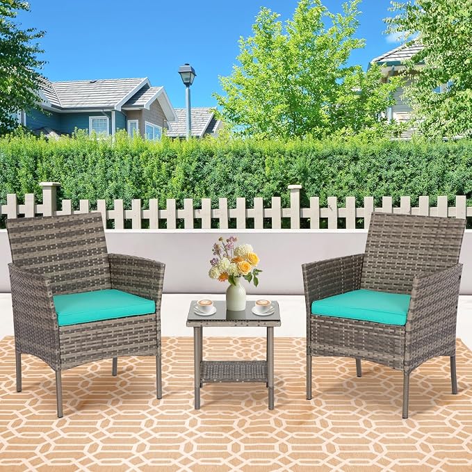 FDW 3 Piece Outdoor Furniture Set Patio Gray Wicker Chairs Furniture Bistro - Image 2